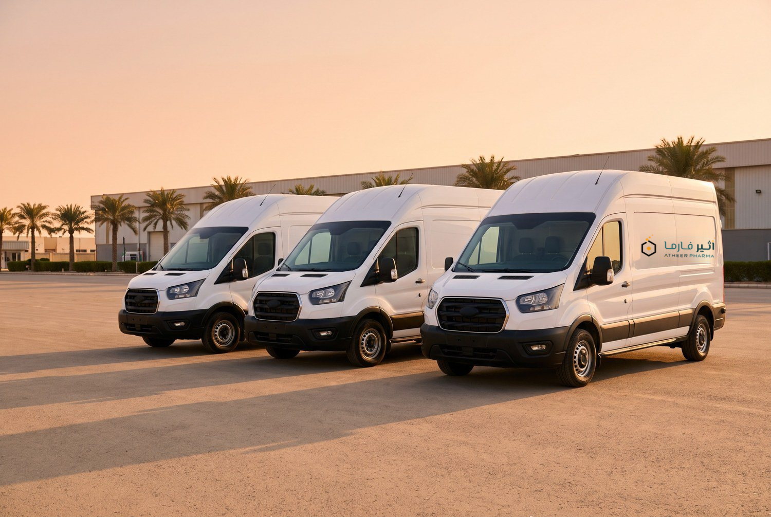 Three ATHEER PHARMA branded delivery vans parked outside the Dammam facility at golden hour