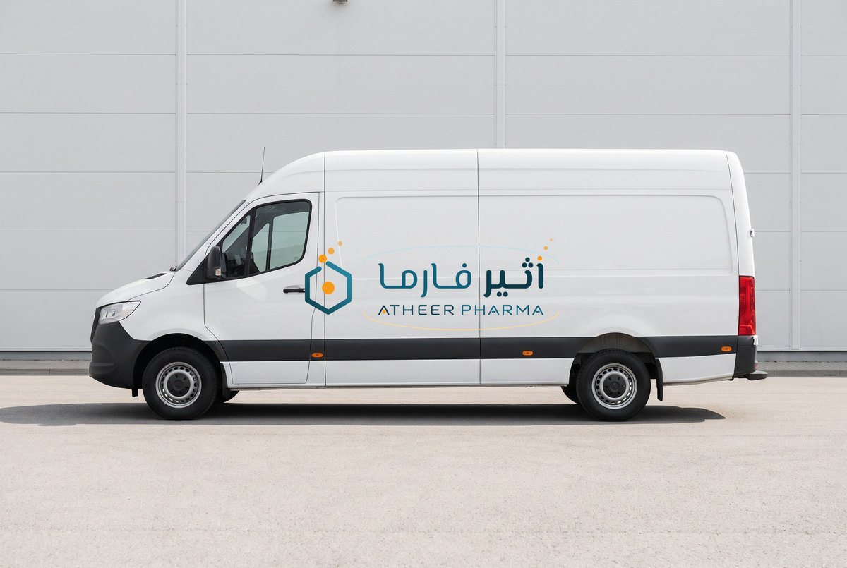 A white delivery van in ATHEER PHARMA livery, side profile, parked against the facility building