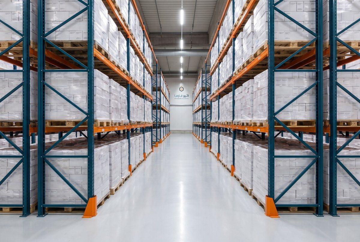 Aisle inside the SFDA-licensed Dammam warehouse, palletised stock on high racking
