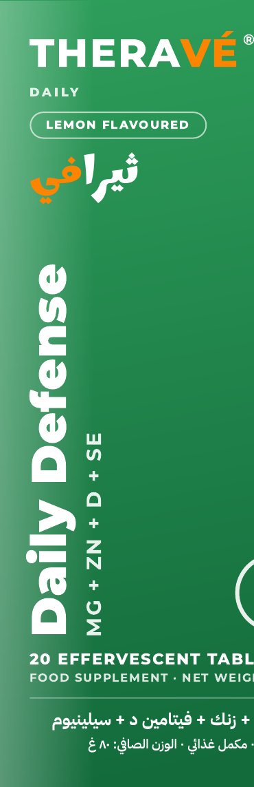THERAVÉ® Daily Defense pack front — green tube artwork reading Daily Defense, Mg + Zn + D + Se, lemon flavoured, 20 effervescent tablets