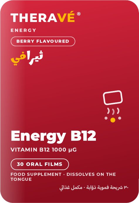 THERAVÉ® Energy B12 pack front — deep red card artwork reading Energy B12, Vitamin B12 1000 µg, berry flavoured, 30 oral films that dissolve on the tongue