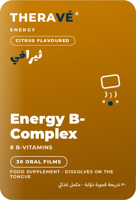 THERAVÉ® Energy B-Complex pack front — amber card artwork reading Energy B-Complex, 8 B-vitamins, citrus flavoured, 30 oral films