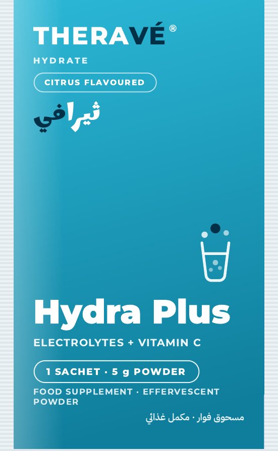 A single blue THERAVÉ® Hydra Plus sachet, marked one sachet, 5 g of effervescent powder