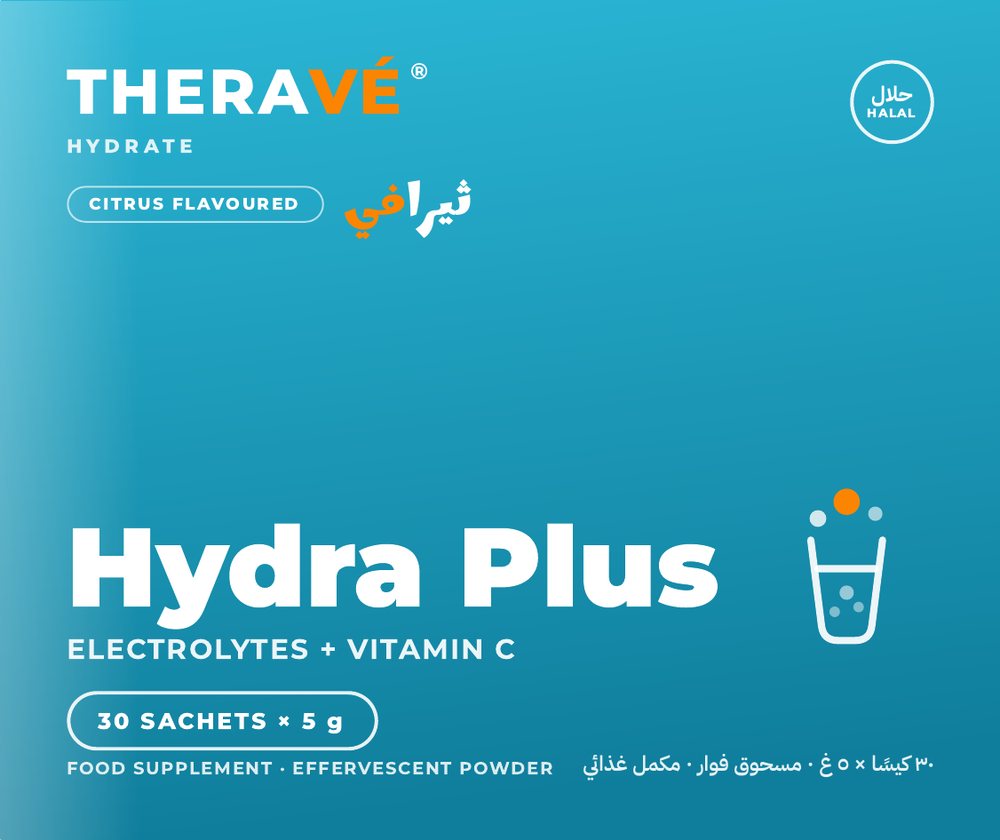 THERAVÉ® Hydra Plus carton front — blue citrus artwork reading Hydra Plus, electrolytes plus Vitamin C, 30 sachets × 5 g, with a Halal mark and a glass icon