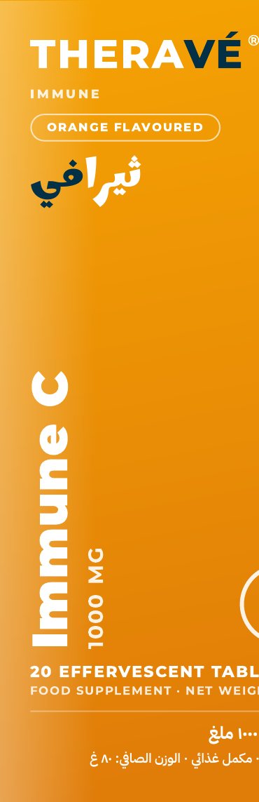 THERAVÉ® Immune C pack front — orange tube artwork reading Immune C, 1000 mg, orange flavoured, 20 effervescent tablets, in English and Arabic