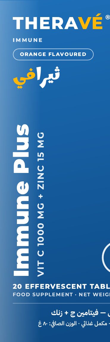 THERAVÉ® Immune Plus pack front — blue tube artwork reading Immune Plus, Vit C 1000 mg + Zinc 15 mg, orange flavoured, 20 effervescent tablets