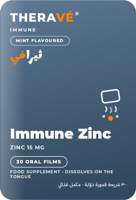 THERAVÉ® Immune Zinc pack front — slate-blue card artwork reading Immune Zinc, Zinc 15 mg, mint flavoured, 30 oral films