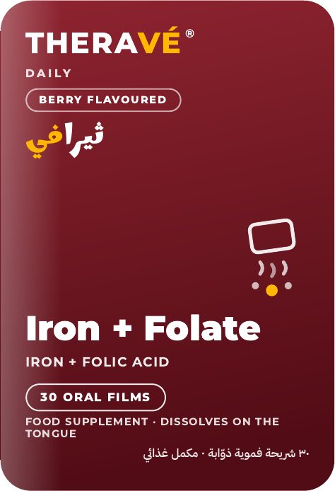 THERAVÉ® Iron + Folate pack front — deep burgundy card artwork reading Iron + Folate, iron plus folic acid, berry flavoured, 30 oral films