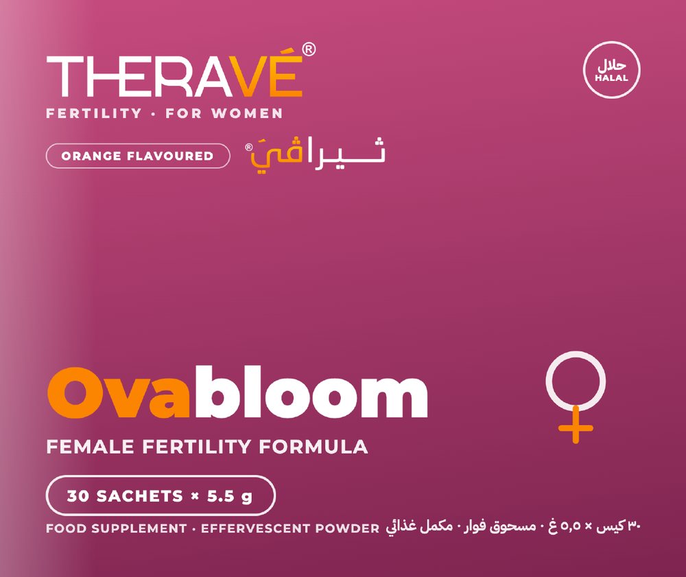 THERAVÉ® Ovabloom carton front — pink artwork reading Ovabloom, female fertility formula, orange flavoured, 30 sachets × 5.5 g, with a female symbol and a Halal mark