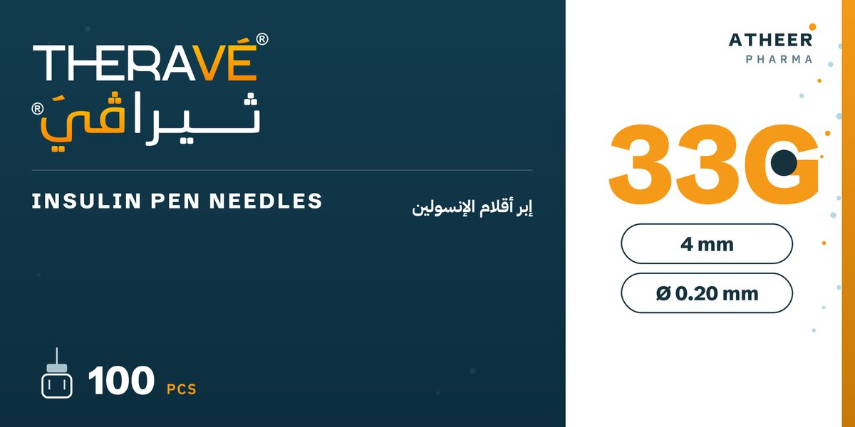 THERAVÉ® insulin pen needles 33G pack front — navy artwork reading Insulin Pen Needles in English and Arabic, 33G, 4 mm, Ø0.20 mm, 100 pieces, with the ATHEER PHARMA mark