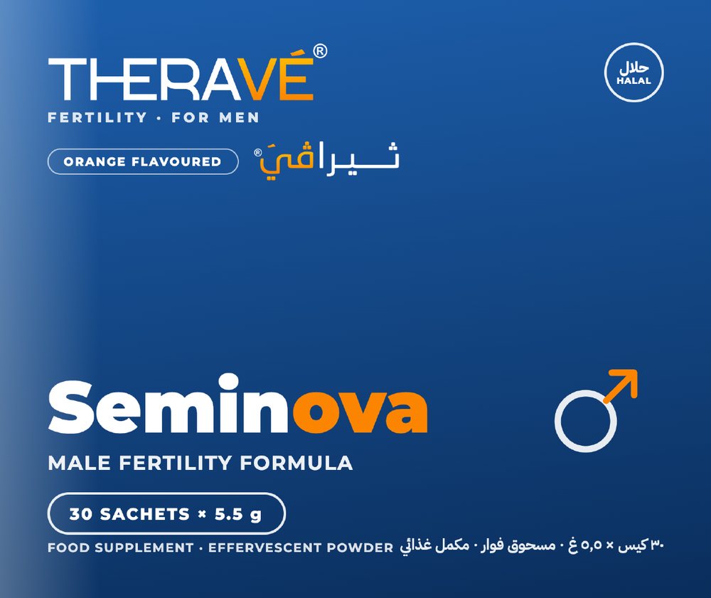 THERAVÉ® Seminova carton front — deep blue artwork reading Seminova, male fertility formula, orange flavoured, 30 sachets × 5.5 g, with a male symbol and a Halal mark