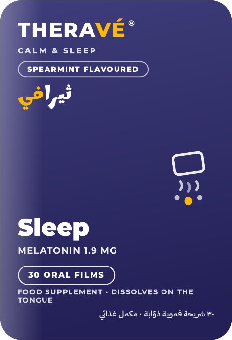 THERAVÉ® Sleep pack front — deep indigo card artwork reading Calm & Sleep, spearmint flavoured, Melatonin 1.9 mg, 30 oral films