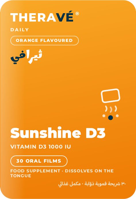 THERAVÉ® Sunshine D3 pack front — orange card artwork reading Sunshine D3, Vitamin D3 1000 IU, 30 oral films